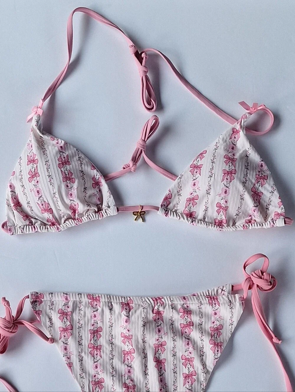 Betsey Johnson 3-Piece Bikini Set Pink Bow Ribbon Print Girly Sz M NWOT Liner